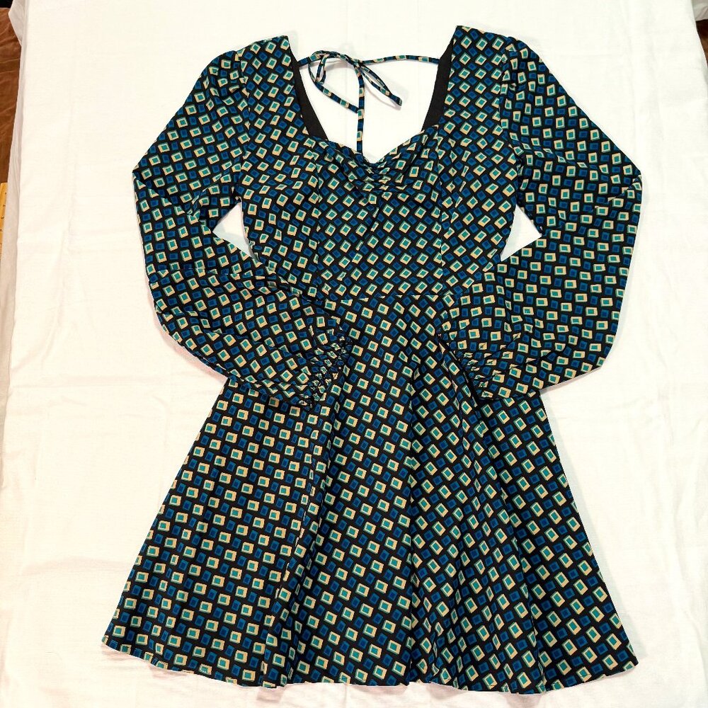 Band of the Free Brown Teal Geometric 70's Puff Sleeve Mini Dress NWT Size S